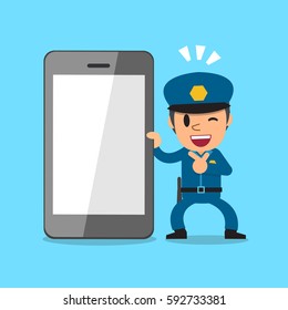 Cartoon policeman and smartphone