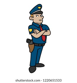 Cartoon Policeman Standing With Arms Crossed