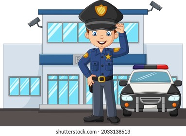 Cartoon policeman standing in city police department building