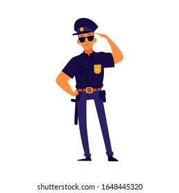 Cartoon policeman standing in salute pose, police officer character wearing blue uniform saluting with his hand. Isolated flat vector illustration on white background.