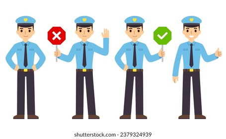 Cartoon Polizist Vektorgrafik Set. Mit Stoppschild und OK Symbol, Lächeln mit Daumen nach oben. Cute-Charakter-Clip-Art für Infografik-Design. 