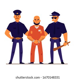 Cartoon policemen holding handcuffed criminal in orange prison uniform - angry male prisoner standing with two police officers. Flat isolated vector illustration.