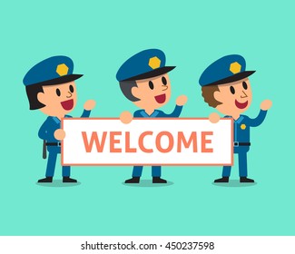 Cartoon policemen holding welcome sign