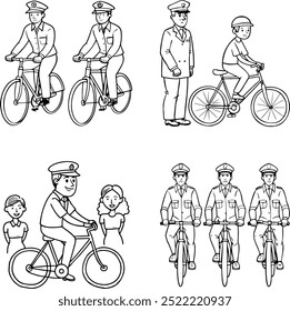 Cartoon policiais em bicicletas, um policial ensina crianças as regras da estrada. Conjunto de esboços vetoriais em estilo de arte de linha em planos de fundo transparentes