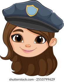 Cartoon policewoman with brown hair and hat