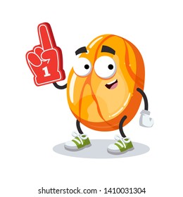cartoon polished gemstone succinite amber character mascot with the number 1 one sports fan hand glove on a white background