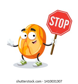 cartoon polished gemstone succinite amber mascot with tablet stop in hand on white background