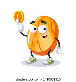 cartoon polished gemstone succinite amber mascot keeps the coin on white background