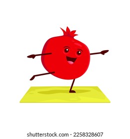 Cartoon pomegranate character in yoga pose. Vector funny smiling garnet fruit personage stand on mat with outspread arms attending wellness class. Comic fruit yogi practice, health and mind balance