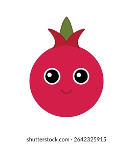 A cartoon pomegranate with a cute smiling face, big eyes, and green stem.
