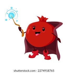 Cartoon pomegranate fruit wizard or magician character. Vector garnet necromancer fairy tale personage with glowing magic wand. Funny smiling wiz wear cape, cute sorcerer garden fruit, vitamin food