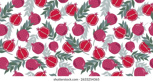 Cartoon pomegranate with leaves. Slices and whole fruit pattern. Vitamin natural vegetarian food. Color flat illustration, graphics print. Seamless background.