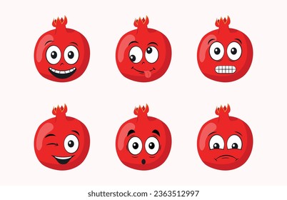 Cartoon pomegranate set with different emotions vector