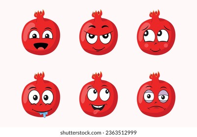Cartoon pomegranate set with different emotions vector