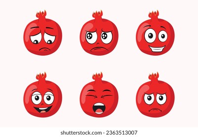 Cartoon pomegranate set with different emotions vector
