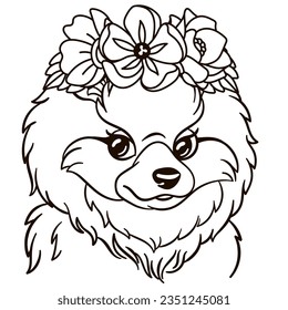 Cartoon pomeranian spitz dog in floral crown. Cute baby animal nursery print