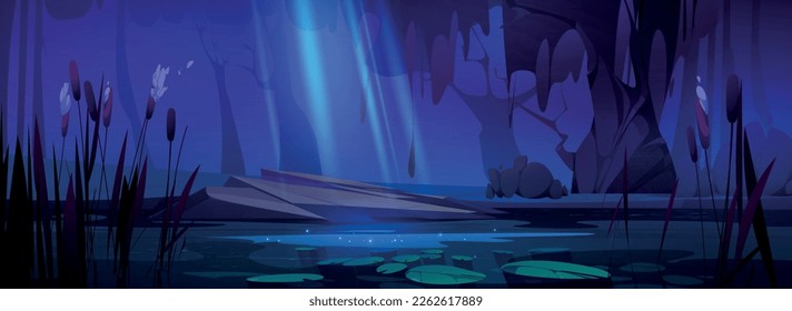 Cartoon pond with cattails at night. Vector illustration of fantasy landscape with moonlight shimmering on lake water surface, stones and ancient trees. Background for romantic date. Mysterious scene