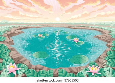 Cartoon pond with lotus