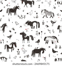 Cartoon ponies grazing, black and white vector, seamless pattern