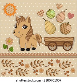 Poney de caricature, charrue, soleil, fleur, coeurs, pomme, poire, avec des éléments en patchwork. Illustration vectorielle.