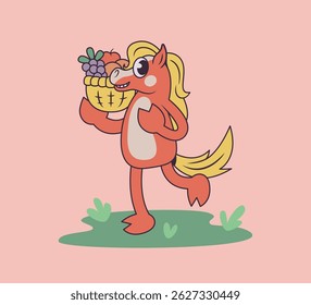 Cartoon pônei segurando uma cesta de frutas de pé na grama. Estilo mangueira de borracha, mascote groovy retro.