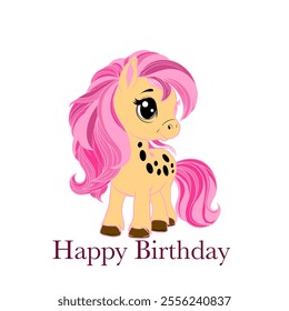 Cartoon pony illustration with pink mane and Happy Birthday text. Perfect for birthday cards, children's designs, and festive decorations. 