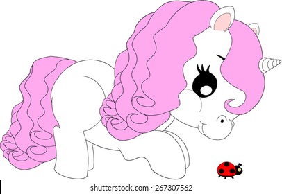 Cartoon pony look at a ladybug