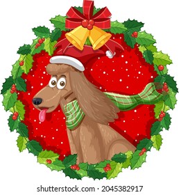 Cartoon poodle dog in Christmas wreath isolated illustration