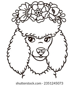 Cartoon poodle dog in floral crown. Cute baby animal nursery print