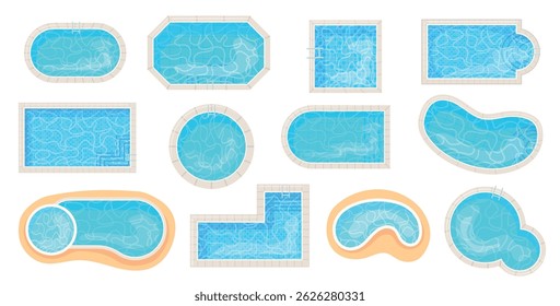 Cartoon pool top view. Swimming pools different shape circle rectangle oval, swim area 2d game poolside water texture floor mosaic tile, summer vacation neat vector illustration original artwork