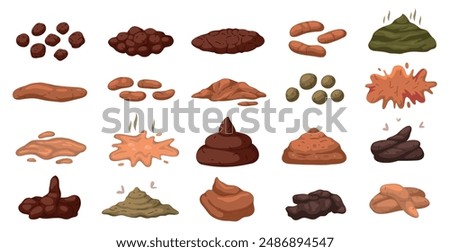 Cartoon poop elements. Animals, pets, dogs or humans excrements, different type, colors and consistency, liquid and solid stool, various fecal, manure pile tidy vector isolated set