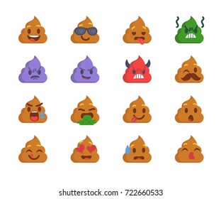 Cartoon poop emoji collection. Set of emoticons with different mood. Flat style vector illustration isolated on white background.