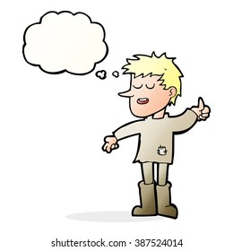 cartoon poor boy with positive attitude with thought bubble