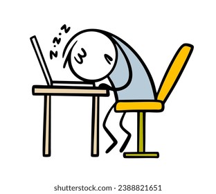 Cartoon poor student got tired of the online lesson and fell asleep on the keyboard. Vector illustration of doodle sleeping stickman at work. Programming on a laptop. Isolated on white background.