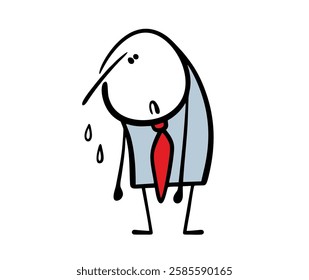 Cartoon poor wet businessman lost. Vector illustration of a business failure, a stickman caught in the rain. Isolated funny character and bad weather on white background.