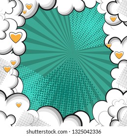 Cartoon pop art background with divergent rays, hearts, clouds, smoke and steam. Vector illustration
