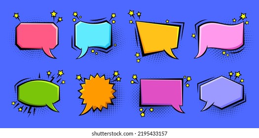 Cartoon pop art bubbles with halftone shadow. Retro sketch speech bubble set. Fun comic page dialog text box message balloon template shapes. Epic boom explosion, burst wow effect empty cloud frame