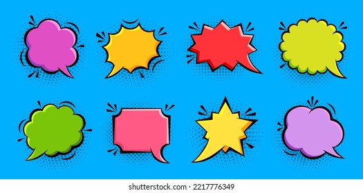 Cartoon pop art bubbles with halftone shadow. Retro sketch speech bubble icon set. Explosion epic fun comic page dialog text message balloon template shapes. Boom, burst, wow effect empty frame