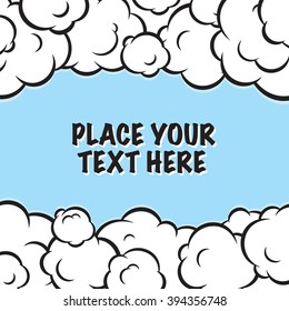 Cartoon pop art clouds frame vector background on blue