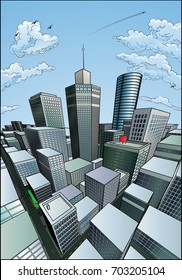 Cartoon Pop Art Comic Book Style City Skyscraper Buildings Background Scene