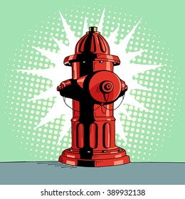 Cartoon pop art red hydrant. Comic hand drawn illustration - fire protection object hydrant for firefighter. Vector isolated on blue halftone background.