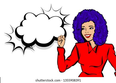 Cartoon pop art style woman right. Retro pin up blue hair girl superhero. Wife rights. Isolated halftone background. Comic speech bubble. Happy woman smiling face. Strong girl in costume show fist.