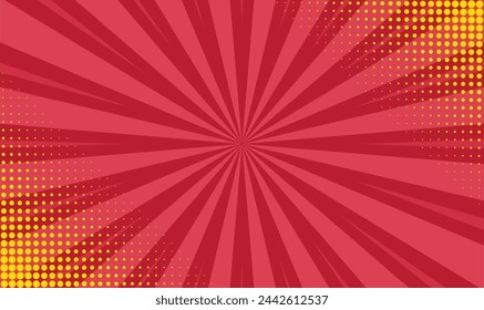 Cartoon pop art sunburst effect with dots. background. Red and yellow comic pattern with starburst and halftone. Vintage sunshine texture banner. Vector illustration.