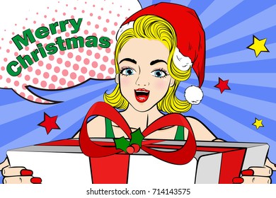 cartoon pop of woman with merry christmas on the green background