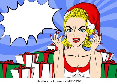 cartoon pop of woman with merry christmas on the blue background