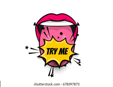 Cartoon pop-art girl lipstick. Comic text sound effects. Vector illustration. Pop art woman show tongue smile lips EAT ME, wow. Comics book balloon. Bubble speech phrase. svg