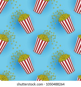 Cartoon popcorn basket seamless pattern. Cinema design in comics style. Vector illustration.
