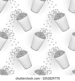 Cartoon popcorn basket seamless pattern. Cinema design in comics style. Vector illustration.
