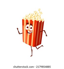 Cartoon popcorn box character. Funny vector pop corn bucket with cute smiling face. Fast food snack for cinema, funny personage with positive emotion, fried corn pieces in striped carton box