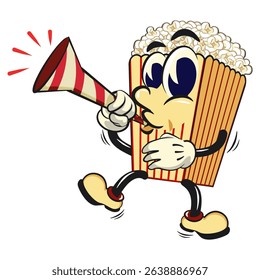 cartoon popcorn box mascot blow the party horn trumpet, funny snack character vector illustration isolated on transparent background, work of hand drawn
